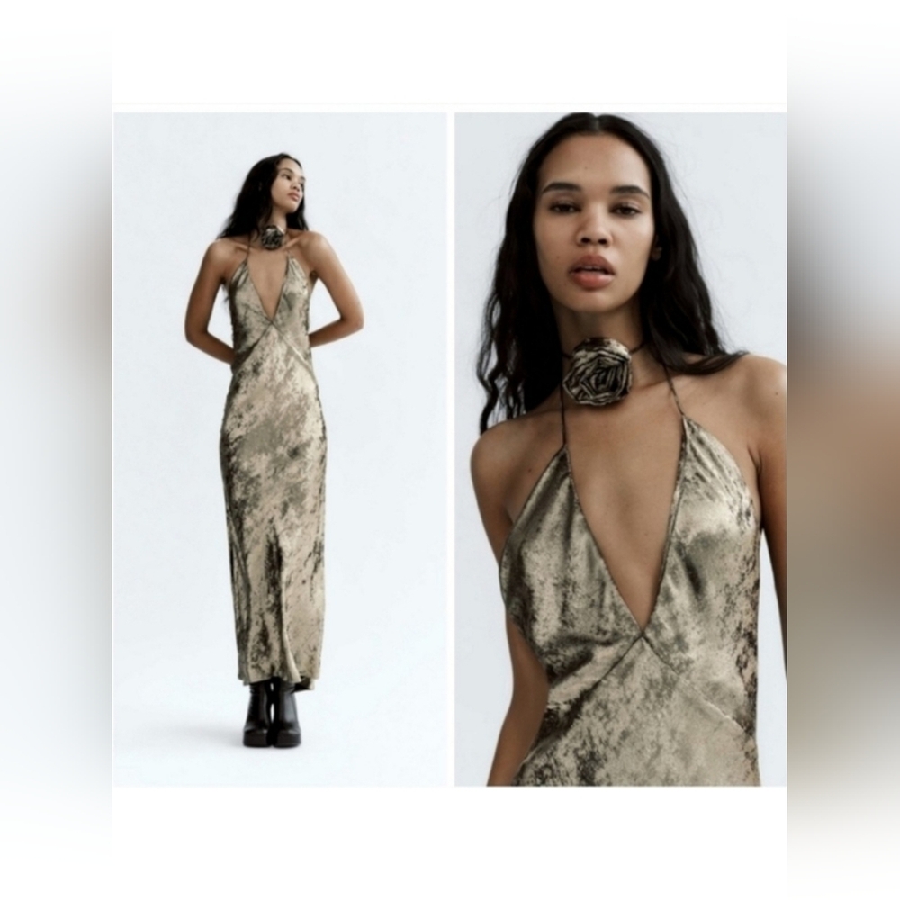 NWT Zara Gold Foil Maxi Dress  Prom Blogger Favorite Wedding Guest Large
